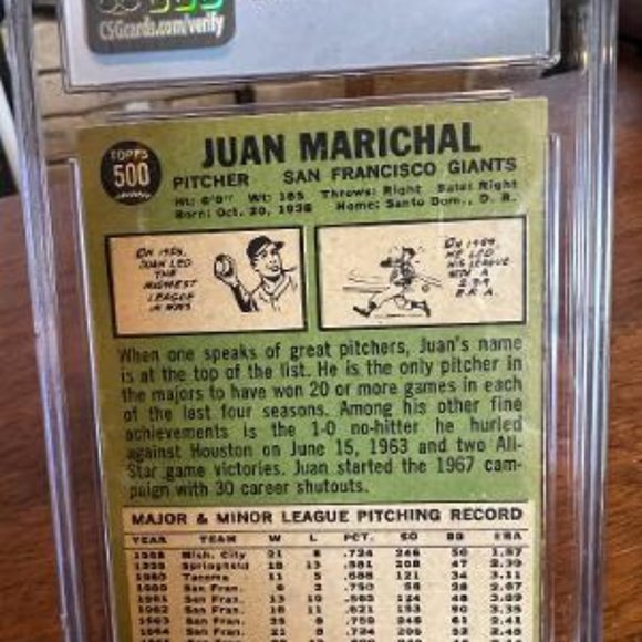 1967 TOPPS #500 JUAN MARICHAL CSG 4 - Picture 2 of 4